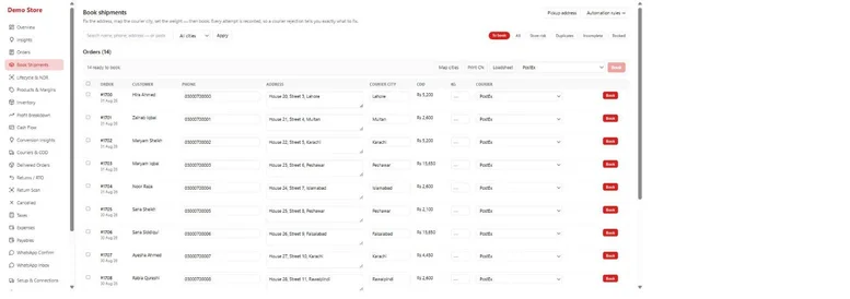 The booking queue: fourteen orders ready to book, each with customer, phone, address, courier city, COD amount and courier selection.